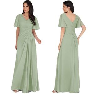 Azazie Sage Green Maxi Dress with V-Neck and Flutter Sleeves